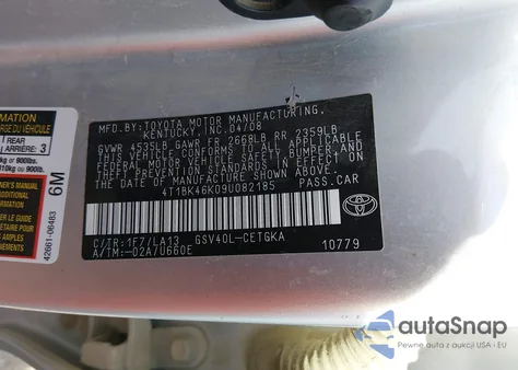 2009 Toyota Camry Xle V6 z USA, uszkodzony, nr VIN 4T1BK46K09U082185